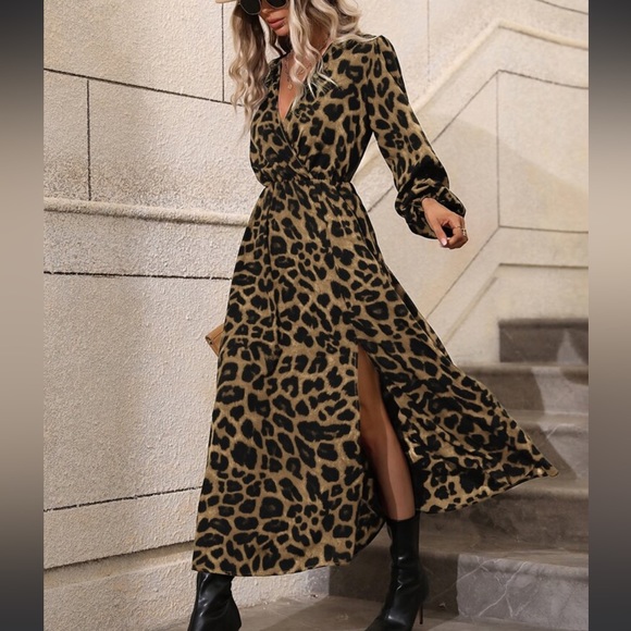 Boho Leopard Print Slit Long Sleeve Maxi Dress - Picture 9 of 16
